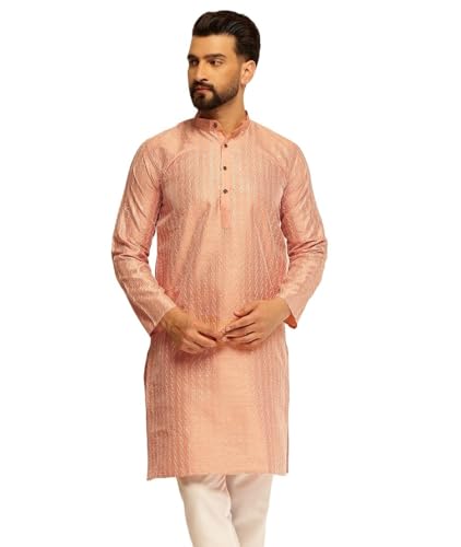 Sojanya (Since 1958 Men's Silk Blend Peach Long Kurta With Contrast White Thread Detailing