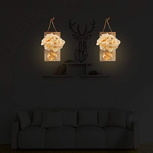 Mason Jar Sconce Rustic Home Wall Decor with LED Fairy Lights - Handcrafted Hanging Mason Jar Sconces 2 Pack
