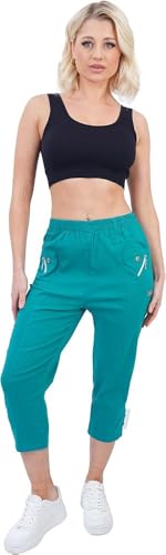 Image of Style Lockers® Womens Capri Trousers 3/4 Length Stretch Elasticated Waist Cropped Pants Ladies Summer Pull On Casual Comfort Fit Jade Green 12