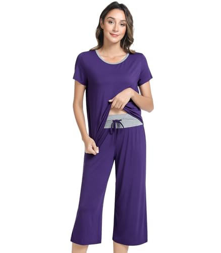 Image of NACHILA Bamboo Viscose Women's Pajamas Sets Short Sleeve Sleepwear and Capri Pants