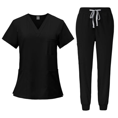 Meichoon Conjunto médico de mujer con cuello en V, top elástico de manga corta y cordón ajustable, pantalón ultrasuave y de secado rápido DK05 Negro Mediano