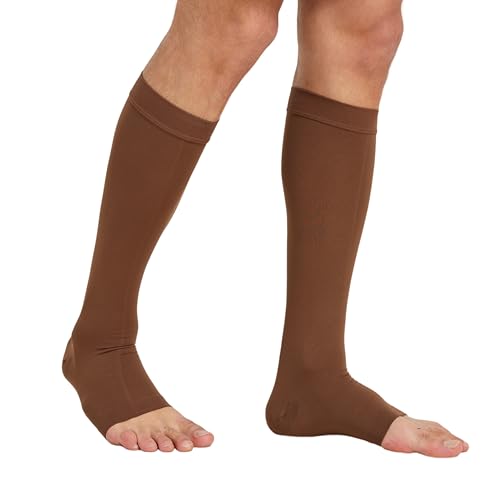 TOFLY® Paire de bas de compression graduée 20-30 mmHg, opaques, unisexes, à bout ouvert, pour varices, œdèmes, périostites tibiales, allaitement, voyage, marron, taille S – vue 4