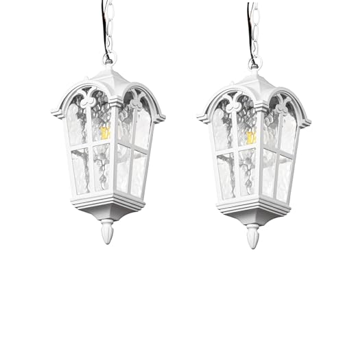 Outdoor Pendant Light for Porch Patio Garden Yard, Anti-Rust Aluminium Exterior Hanging Light Fixtures, Outside White Vintage Hanging Ceiling Outdoor Pendant Lamp Height Adjustable, 2pack