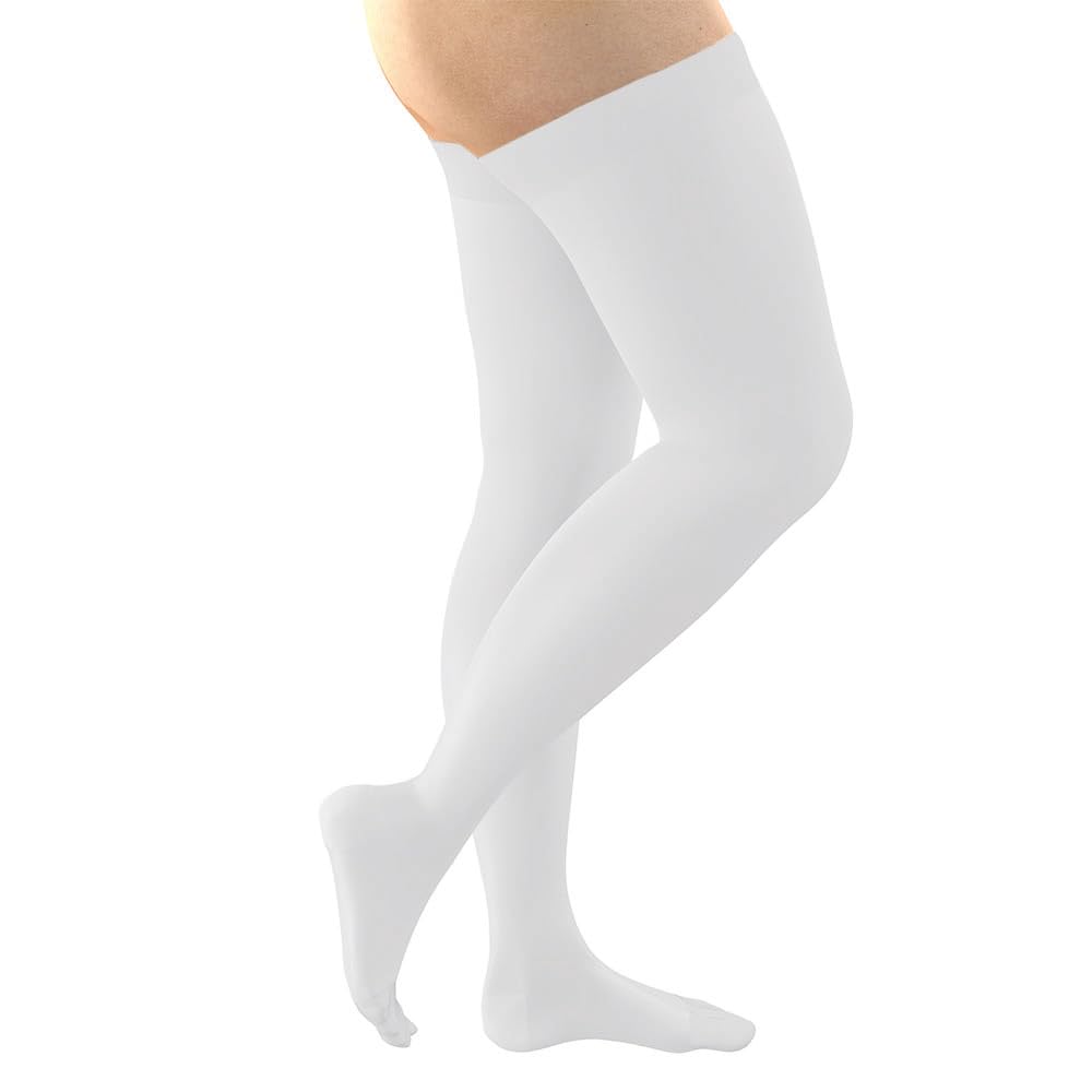 FITLEGS - Thigh Length Compression Stockings - Class 2 (23–32 mmHg) – For Swelling, Varicose Veins & Mild Lymphoedema, White, Medium