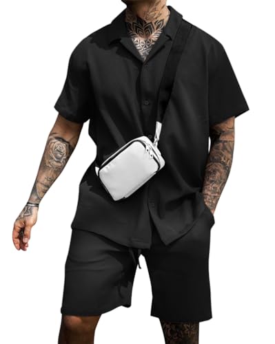 Oanviso Chándal para Hombre Camisa + Pantalones Cortos Conjuntos 2 Piezas Casual Verano Conjuntos de Chandal Traje Jogging Manga Corta Completo Moda Ropa Casual Deporte Hombres A Negro M