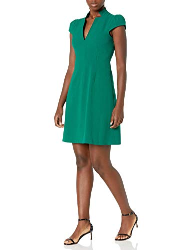 Vince Camuto Women s Kors Crepe Fit and Flare Dress with Notch Neck and Puff Sleeves, Emerald, 6