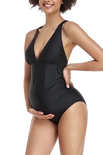 Eastelegant Maternity V-Neck Swimsuits One Piece Multiple Criss Cross Back Bikini Black,Small #TOP5