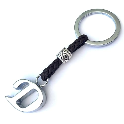 ASTER ALHELÍ - Portachiavi con Iniziali del Nome Personalizzato - Portachiavi Cuoio Lettere e Perline in zama placcate in Argento - Uomo o da Donna con Iniziale - Ideale per i Regali (D)