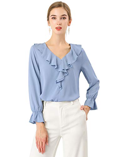 Image of Allegra K Women's Ruffle V Neck Chiffon Blouse Bracelet Sleeve Vintage Peasant Top Baby Blue S-8