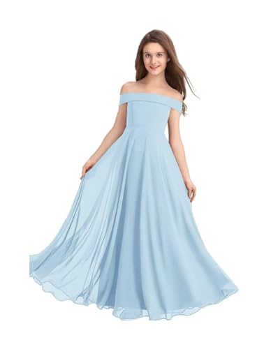 Junior Bridesmaid Dress for Teen Girls, A-line Off Shoulder Floor-Length Chiffon Flower Girl Dresses