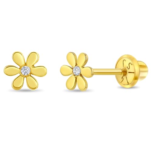 14k Yellow Gold Tiny Flower Clear Cubic Zirconia Screw Back Earrings For Toddlers & Little Girls - Adorably Petite Floral Earrings For Young Girls - Dazzling CZ Earrings For Toddler Girls