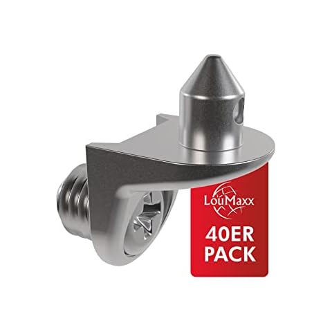 LouMaxx Winkelbodenträger mit Zapfen und Schraube | 40er Set Regalbodenträger | Sicherheits Bodenträger 5mm | Einlegeboden Halter aus Zamak vernickelt Cover