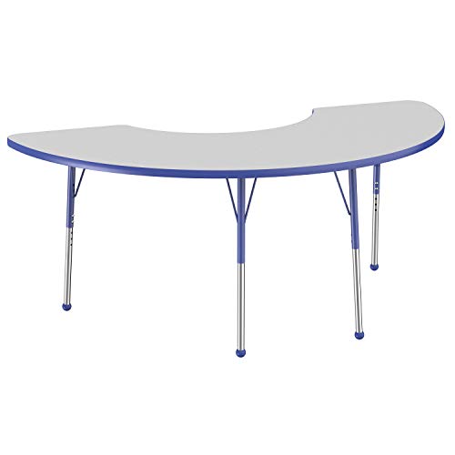 Image of FDP Half Moon Activity School and Office Table (36 x 72 inch), Standard Legs with Ball Glides for Collaborative Seating Environments, Adjustable Height 19-30 inches - Gray Top and Blue Edge