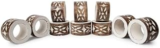 DEVLA Mango Wood Napkin Rings Set, Hand Carved & Hand Painted White Washed, 10 Pieces, Round Table Decor