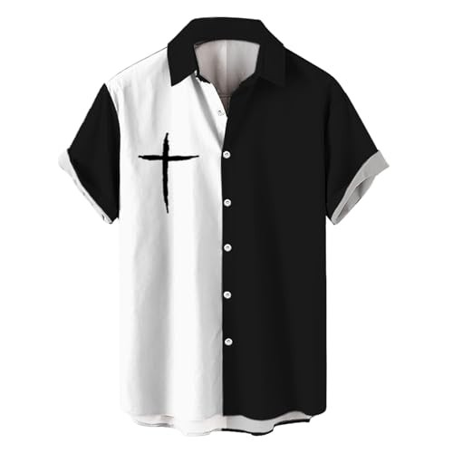 Mens Short Sleeve Vertical Stripes Shirt Full Button Down Christian Cross Graphic Blouse Oversized Vacation Beach Top