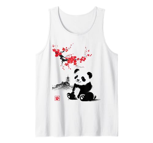 Arte Japonés Sumi-e Panda Sakura Cerezo Flor Camiseta sin Mangas