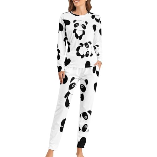 Pyjama femme panda avec coeur t-shirt manches longues et pantalon en coton