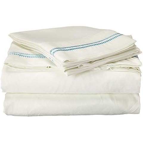 Posh Home 4 Piece (Queen, Double Scallop-Blue) Embroidered Sheet Set Cover