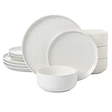 Joseph Sedgh Collection “Kai” 12-piece Stoneware Dinnerware Set with Protective Glaze Finish, Service for 4, White