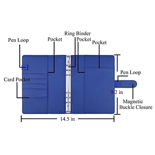 Image of Antner A5 Notebook Photocard Binder with 6 Ring Planner, PU Leather Refillable Budget Binder Loose Leaf Organizer Cover with Magnetic Buckle for Budgeting, Navy Blue