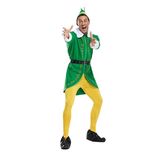 Vjeybv Christmas Costume Set, Green Christmas Costume For Men With Hat, Breathable Outfit With Hat Boots Fantasy For Halloween Cosplay Festival Party Themed-Event