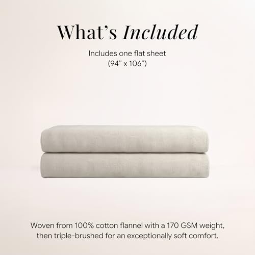Image of Tribeca Living King Cotton Flannel Flat Sheet Only 170-GSM - Oversized 112 x 106 Inch Dimensions for Generous Bed Coverage - Soft Breathable Bedding in Ivory