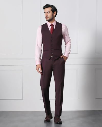 Image of Blackberrys Men Polyester Solid Slim Burgundy Peak Suit