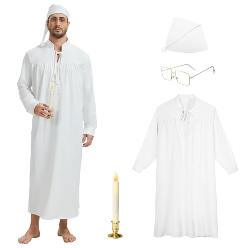 GFNWERTD 4Pcs Funny Men Pajama Set with Mens Nightgown, Pajama Hat, Vintage Glasses and Candle for Halloween Christmas ﻿ ﻿ Beige