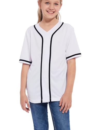 Acefast Inc FBAZJ-FQ00006-WHITE-12T Kids Baseball Jersey Button Blank Softball Team Uniform Girls Boys Hip Hop T-Shirt Solid Color Sweatshirt White cover