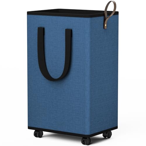 SpaceTrove Laundry Basket with Wheels, Collapsible Laundry Baskets, Laundry Hamper with Handles Detachable Wheels, Rolling Laundry Basket, Dirty Clothes Hamper for Bathroom, Dorm, Bedroom, Navy, 80L