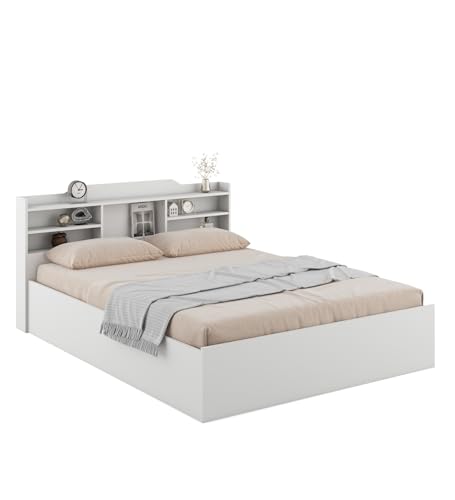 Image of Viggo Queen Bed with Box Storage | Engineered Wood | Frosty White Finish | Headboard Storage | Sturdy & Modern | Knock-Down Assembly | 3-Year Warranty