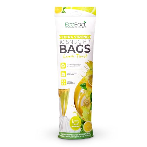 EcoBag - 10 Pack Lemon Scented Kitchen Drawstring Bin Liner - 60L - 28 Microns - Heavy Duty, Extra Strong, Brabantia Compatible, Tear Resistant, Fresh Smell (465 x 750mm)