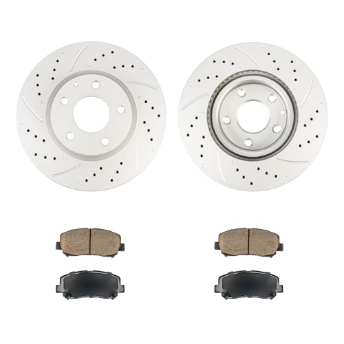 Image of KAX Front Brake Kit, Drilled and Slotted Brake Rotors, Ceramic Brake Pads | Fits Mazda CX-5 2013 2014 2015 2016 2017, Automotive Replacement Brake Kit