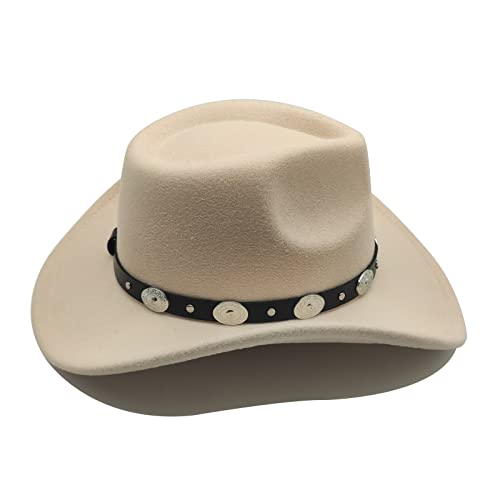 Cowboyhut Damen Herren Westernhut Fedora Hut Breiter Krempe mit Lederband (Beige)
