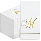 Pasimy 100 Pcs Initial Napkins Monogram Guest Napkins Gold Letter Paper Towels Disposable Elegant Dinner Towels for Wedding Bridal Shower Holiday Birthday Party Tableware Decor(M Letter)