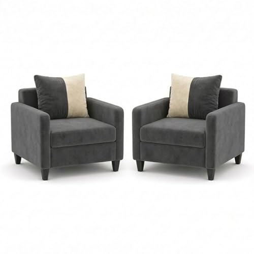 Image of FURNY Rion 3 Seater + 1 Seater + 1 Seater Fabric Sofa Set (Dark Gray-Cream) with Velvet Finish | Durable Comfort | Ideal for Living Room
