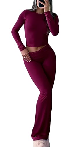 Image of YETOWA Y2K 2 Piece Outfits Tummy Control Long Sleeve Crop Top High Waisted Flare Pants Soft Knit Lounge Set