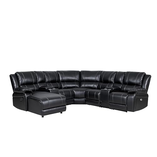 AC Pacific William Collection 7 Piece Transitional Faux Leather Upholstered Power Curved Living Room Chaise Reclining Sectional, Black