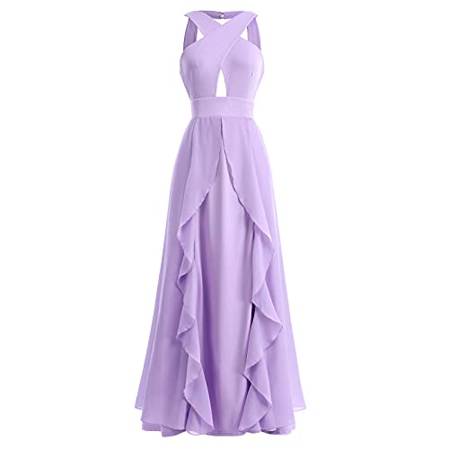 Women Halter Neck Criss Cross Dress Hollow Cut Out Ruffle Hem Sleeveless Bridesmaid Evening Party Maxi Dress Empire Waist Keyhole Backless Flowy Chiffon Long Wedding Formal Prom Dress Light Purple XL