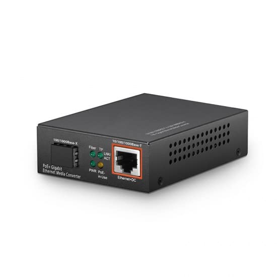 QSFPTEK Convertisseur de média Gigabit Ethernet PoE+ 1 G, convertisseur fibre vers Ethernet avec 1 emplacement SFP 10/100/1000Base-T vers 1 emplacement SFP 100/1000Base-X, AC 100 V ~ 240 V ou DC 5 ~