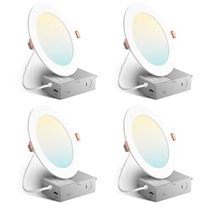 Amico 4 Pack 6 Inch 5CCT Ultra-Thin LED Recessed Ceiling Light with Junction Box, 2700K/3000K/3500K/4000K/5000K Selectable, 1050 Lumens, Dimmable Canless Wafer Downlight, 12W Eqv 110W-ETL&FCC