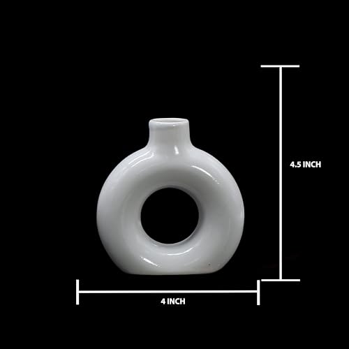 Image of Modern Ceramic Ring Vase Pink Floral Stems, White, Decorative Flower Holder for Home (4 INCH)