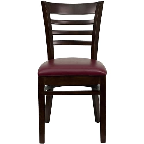 Image of Flash Furniture HERCULES Series Ladder Back Walnut Wood Restaurant Chair - Burgundy Vinyl Seat