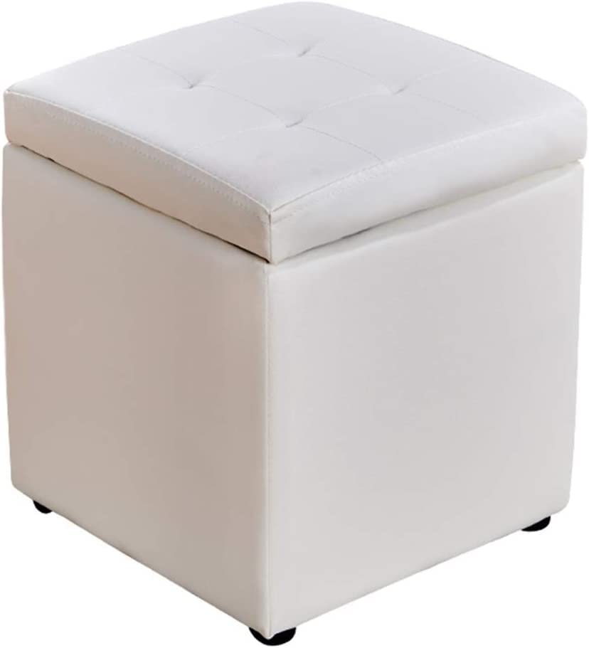 SnamicE Taburete cubo, reposapiés, de piel sintética, tapizado, con reposapiés de almacenamiento, soporte de madera maciza, taburete impermeable, color blanco, 30 x 30 x 35 cm