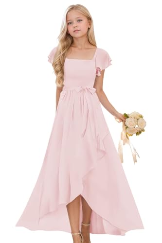 Short Sleeve Flower Girl Dresses for Wedding High Low Ruffle Chiffon Bridesmaid Dress for Juniors4