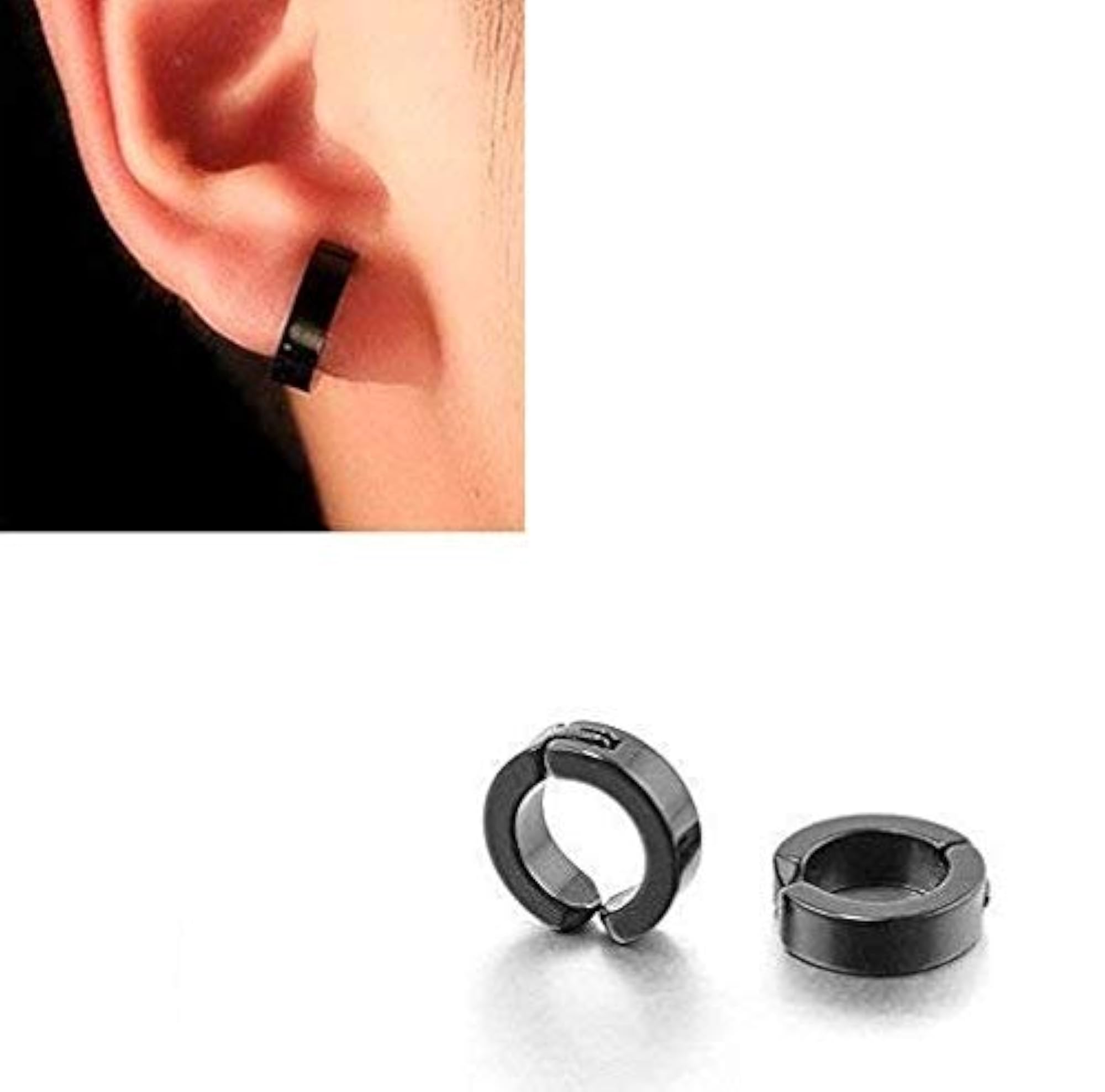 2 Pair Trendy Black Round Clip-On Metal Barbell Hoop Earrings