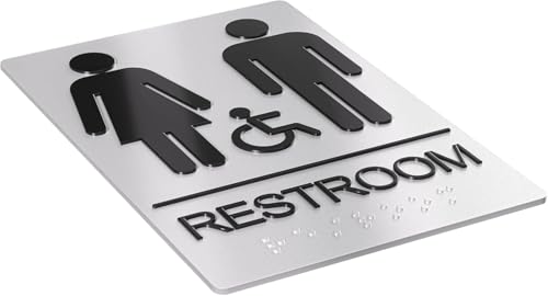 Unisex Bathroom Signs, Restroom Sign For Business - For Men and Women - 2 Pack - 9" by 6" - ADA Compliant with Braille - Strong Double-Sided Adhesives Included - Apply to Office, Home, Public Door/Wall — view 3