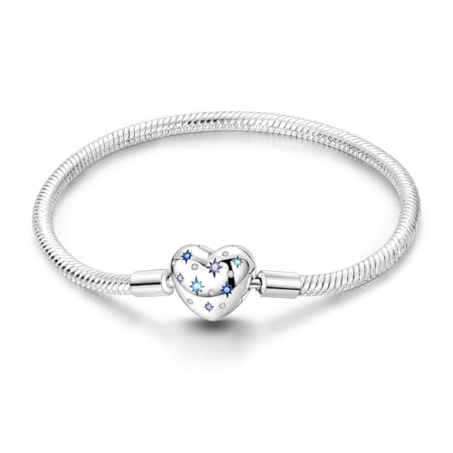 Charm Bracelet for Women Sterling Silver, Heart Clasp Snake Chain Bracelet Travel Charm Moments European Bracelet Jewelry Compatible with Pandora Charms, Gift for Her