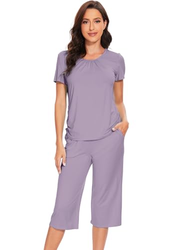 WiWi Soft Viscose from Bamboo Pajamas for Women Short Sleeve Pajama Sets with Capri Pants Pjs Comfy...