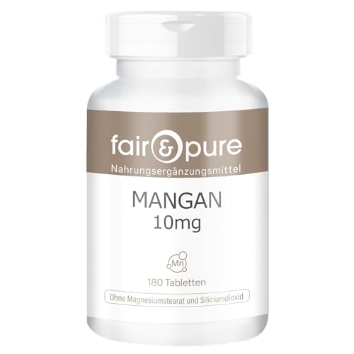 Fair & Pure Manganese 10mg, 180 compresse, 10mg di manganese per compressa, integratore alimentare vegano senza additivi, prodotto in Germania